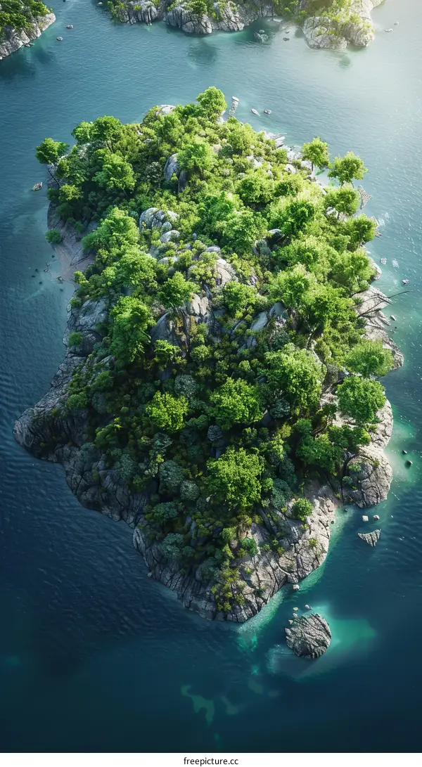 Remote Rocky Island with Lush Vegetation in the Blue Sea