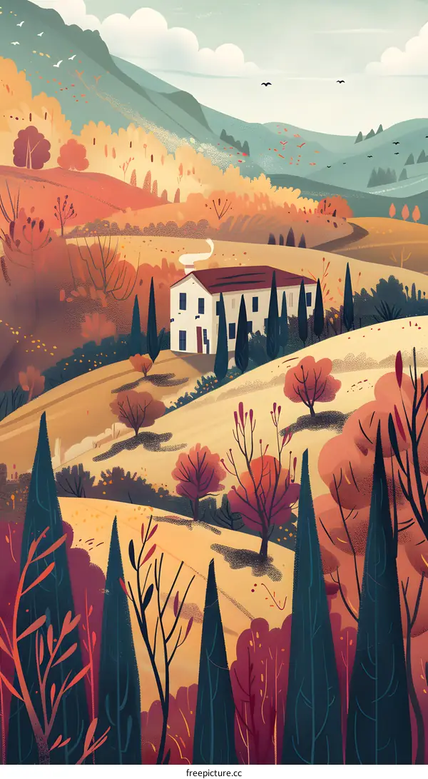 Autumn Landscape with House on Hilltop