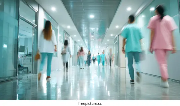 Busy Hospital Corridor with Multiple People