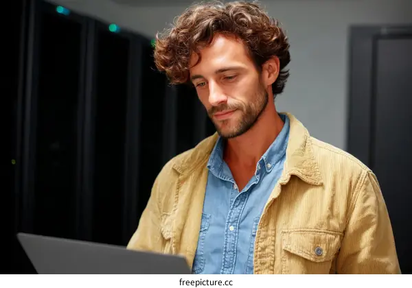 Caucasian Man Working on Laptop in Server Room
