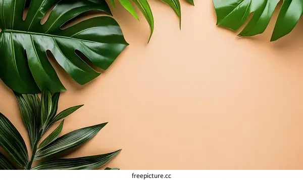 Tropical Leaves Border on Peach Background