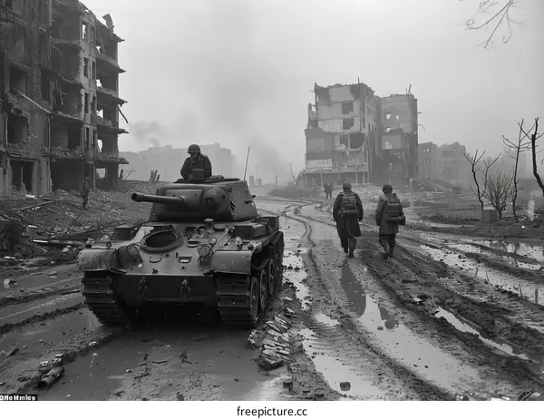Soviet medium tank T-34-85 in the destroyed city