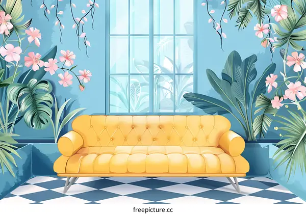 Yellow Sofa in Tropical Room with Window