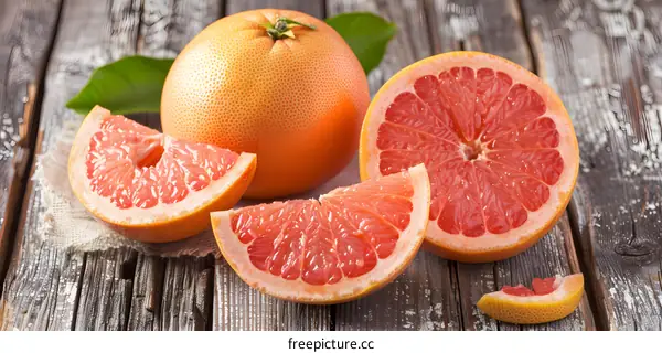 Freshly Cut Ripe Grapefruit on a Wooden Table