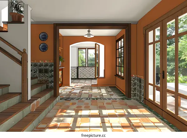 Stairway and hallway in a Spanish style home