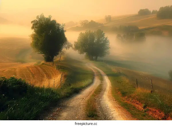 Country road through a foggy field at sunrise