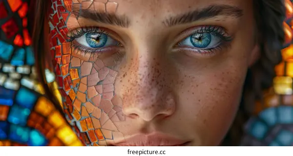 mosaic portrait of a young woman with blue eyes
