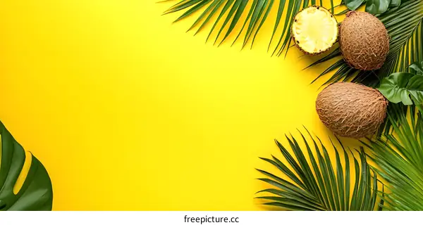Tropical Fruits and Palm Leaves on Yellow Background