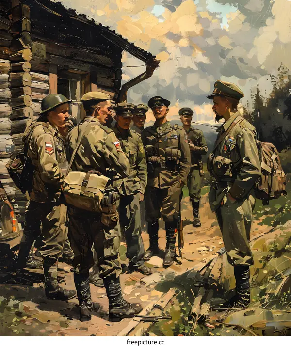 Soldiers in Uniform Standing Outside a Wooden House
