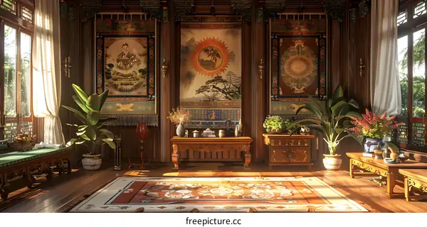 Chinese style indoor scene with plants and vases
