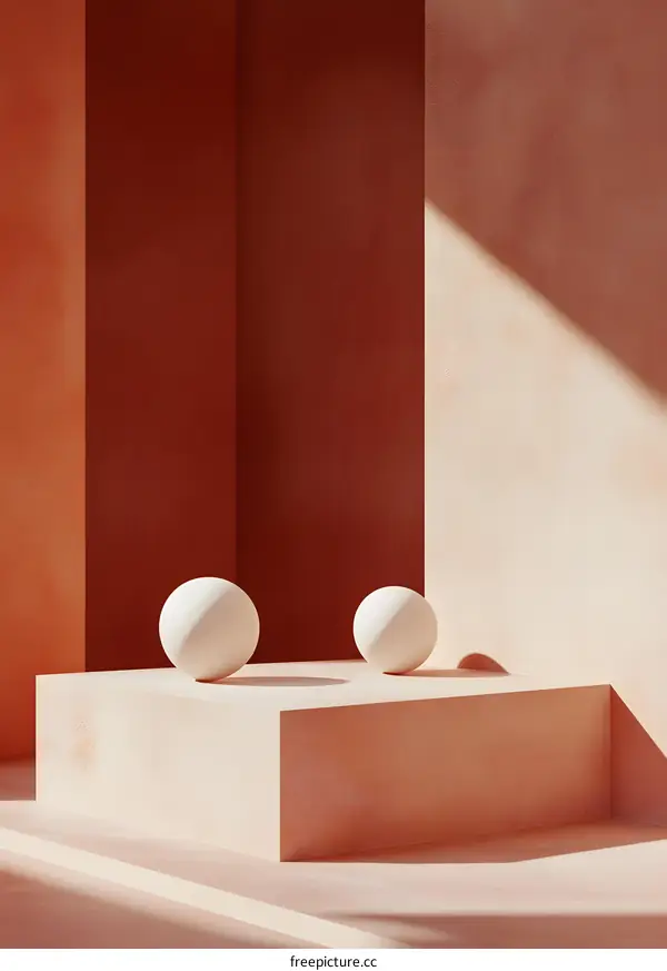 Abstract Minimalist 3D Render of White Spheres on Platform in a Room with Red and Peach Walls