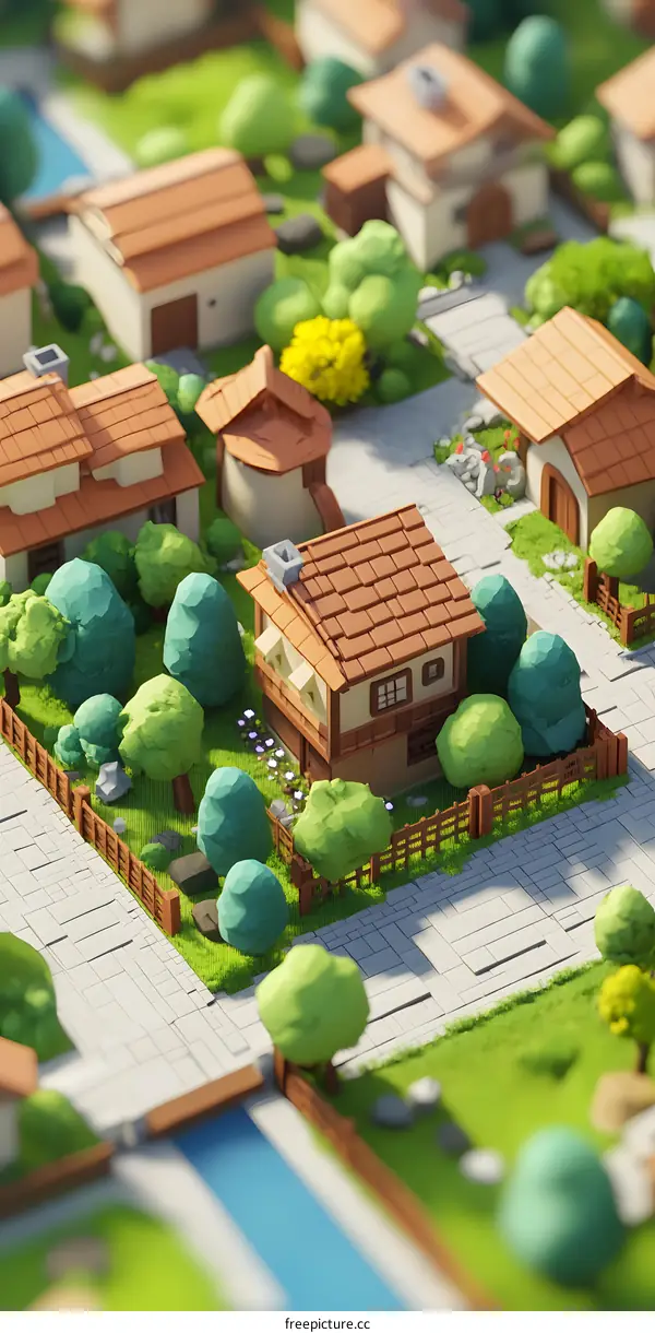 Low Poly Village Houses with Green Grass and Trees