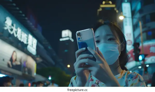 Asian Woman in Face Mask Using Smartphone in Busy City Street at Night