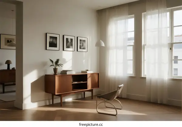 Modern minimalist living room with wooden furniture and sheer curtains