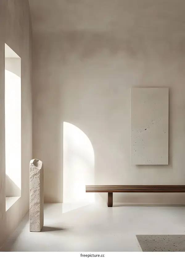 Minimalist Interior Design With Stone Sculpture and Wooden Bench