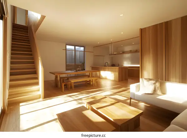 Modern Minimalist Living Room Design With Wooden Furnishings And Natural Light