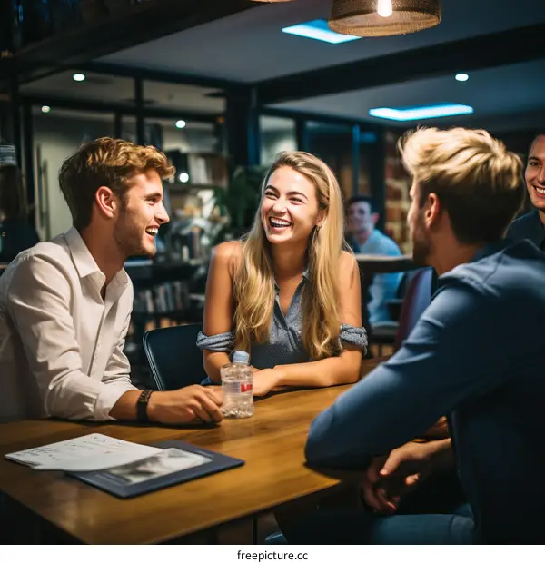 A group of friends are sitting around a table laughing and talking.