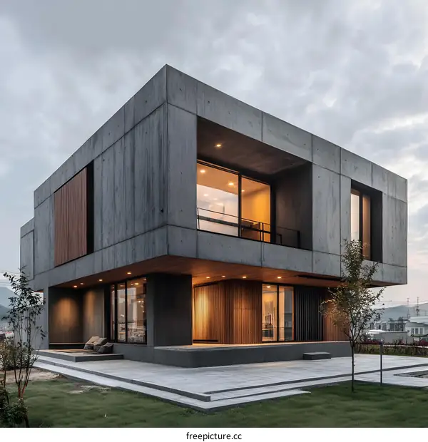 Modern Concrete House with Large Windows and Wooden Accents
