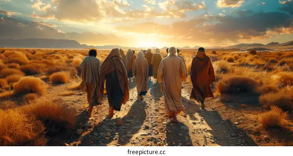 A group of people walking through a desert landscape.