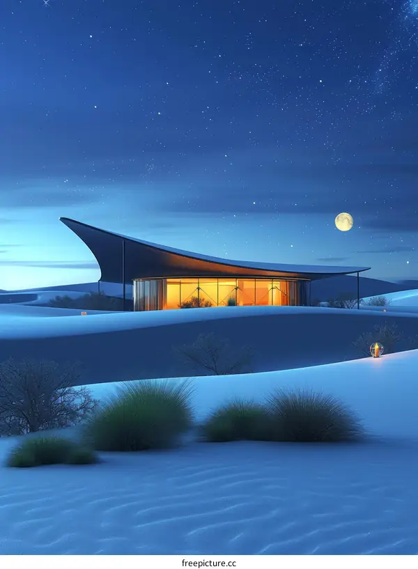 futuristic desert home surrounded by sand dunes under starry night sky
