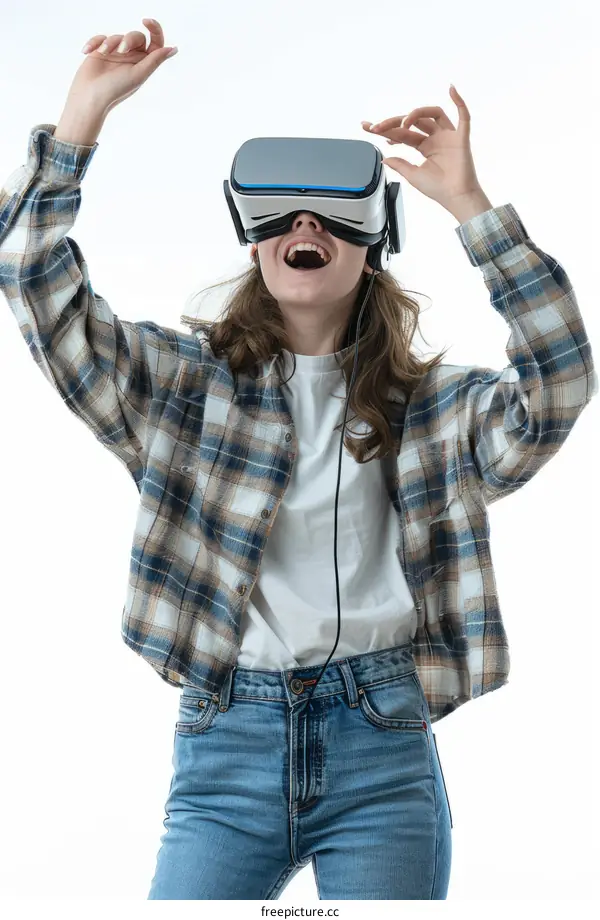 Young woman wearing virtual reality headset and holding hands in the air