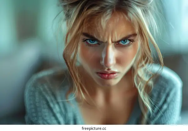 Portrait of a blonde woman with blue eyes looking at the camera with an angry expression