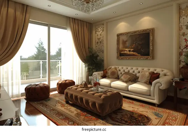 Tufted Sofa and Ottoman in a Living Room with Balcony