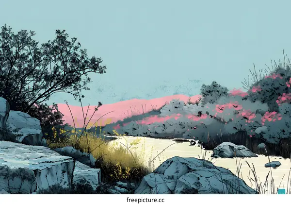 Illustration of a Stream Winding Through a Rocky Landscape