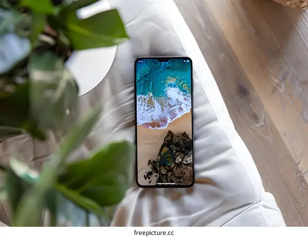 Smartphone Displaying Beach Scene Wallpaper on Sofa