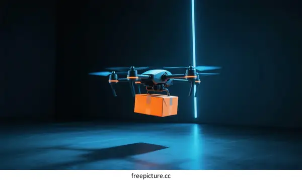 Drone Delivering Package in Dark Room with Laser Line