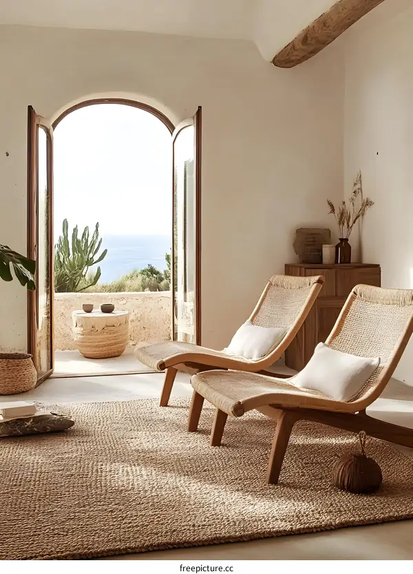 Minimalist Living Room With Rattan Chairs And Sea View