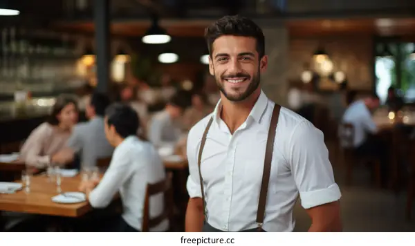 Handsome waiter in a restaurant with suspenders and white shirt
