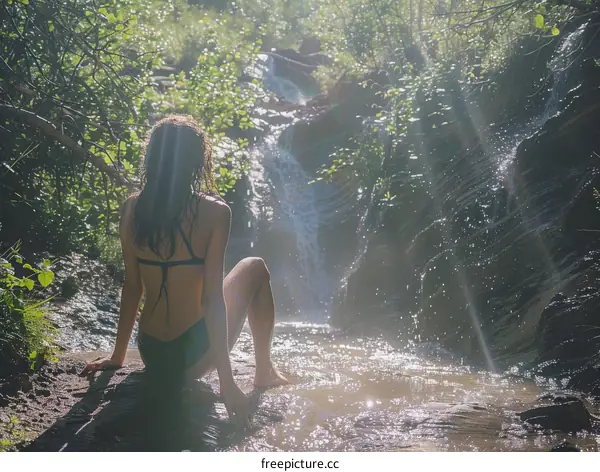 woman in black bikini sitting on rock in front of waterfall