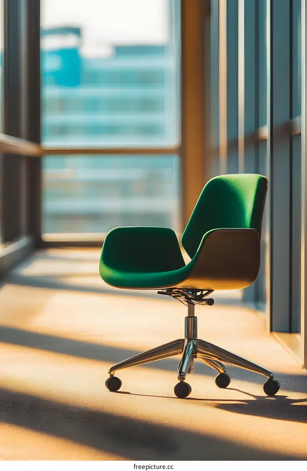 Green Office Chair in Modern Office with Sunlight