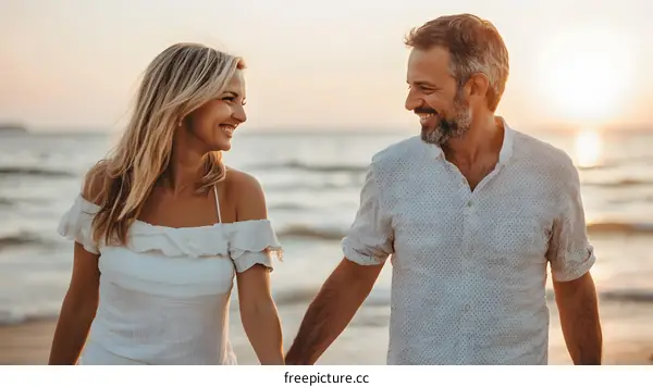 Couple Walking on the Beach at Sunset