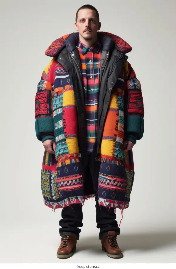 A model wearing a colorful hand-knitted coat with a plaid shirt and jeans