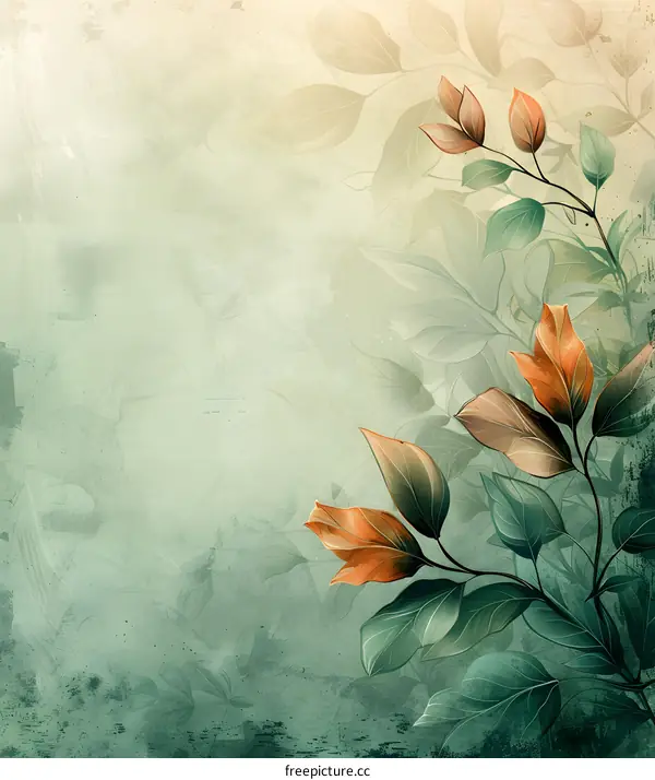 Green leaves and orange flowers on a beige background