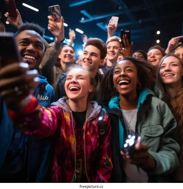 A group of diverse teenagers are taking pictures and videos of a concert with their phones