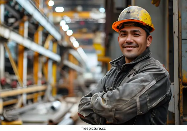 Confident Factory Worker in Yellow Hard Hat
