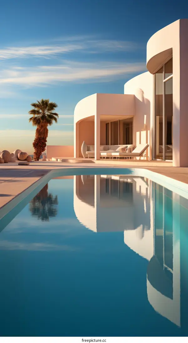 Modernist villa with pool and palm trees