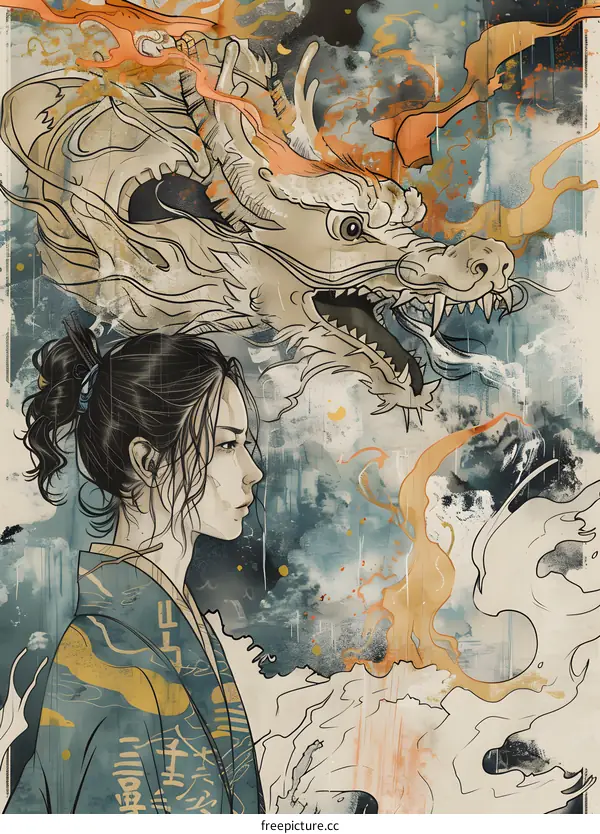 Japanese Woman and Dragon Watercolor Illustration