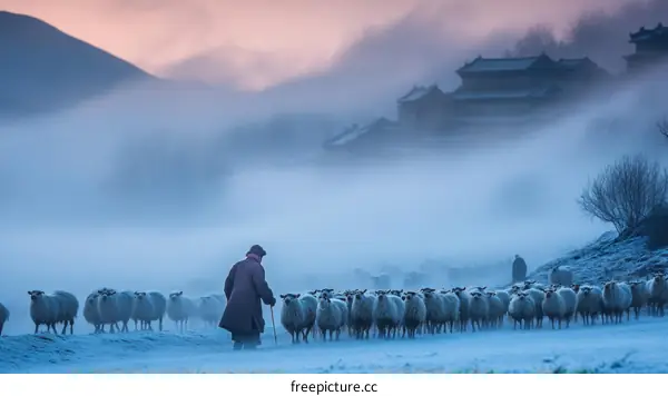 Shepherd Guiding Sheep in Snowy Landscape with Foggy Mountain Background