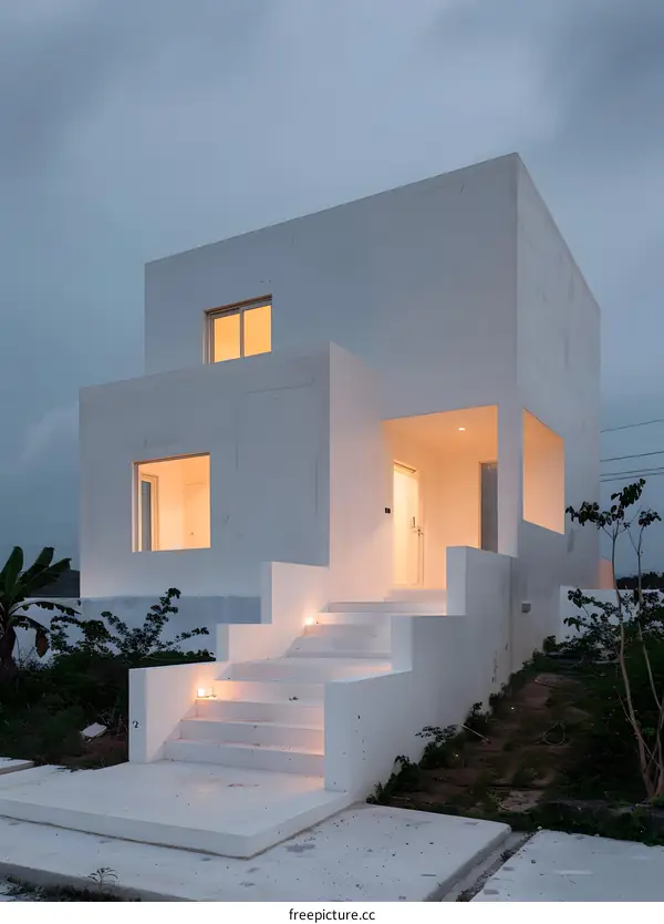 Modern Minimalist White House with Stairs and Windows