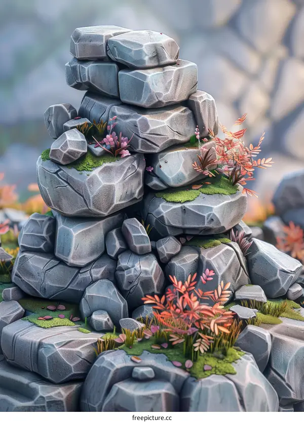 Natural Rock Formation with Moss and Grass Overgrowth