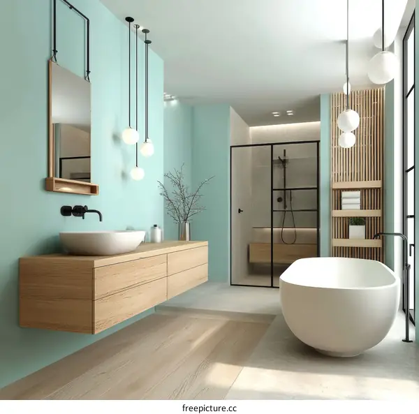 Modern Mint Green Bathroom with Wooden Vanity