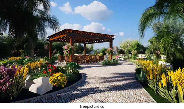 Beautiful Garden with Pergola and Flowers