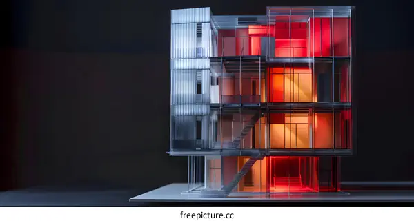 Glass Building Model with Red and Yellow Lights