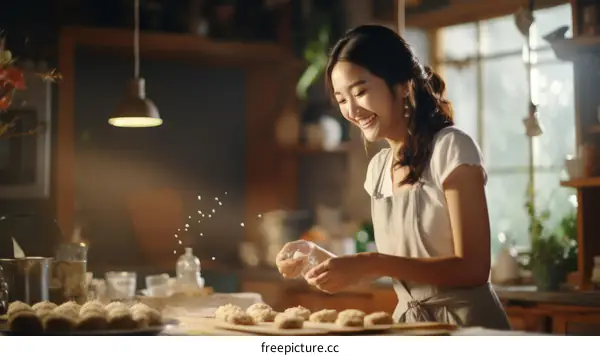 Asian woman sprinkling powdered sugar on cookies