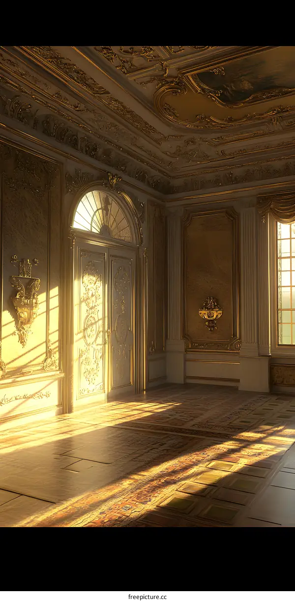 Golden Interior Design with Ornate Details and Sunbeams