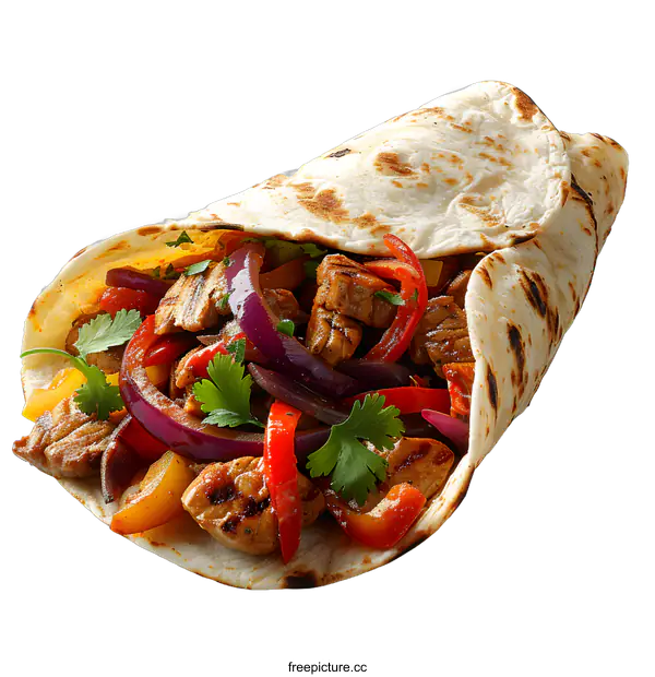 [Transparent Background PNG]Chicken fajita with bell peppers and onions in a flour tortilla